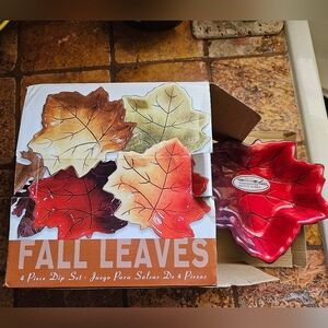 Clay Art Set of 4 Ceramic Fall Leaves Dish Plates Green Red Orange Yellow NWT